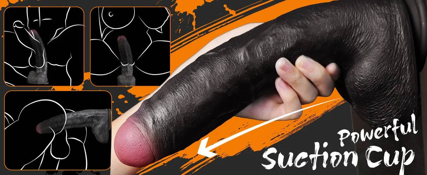 Consolador sexual negro puro enorme y grueso con glande único, consolador negro grande realista de 10.8 pulgadas con ventosa, juguetes de silicona suave para adultos para hombres y mujeres - Sex Shop 502