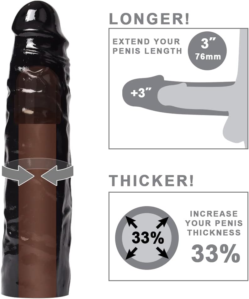 Extensor de manga de pene negro reutilizable con textura realista, extensor de polla seguro para el cuerpo, elástico, ultra suave, aplicativo para hombres y parejas