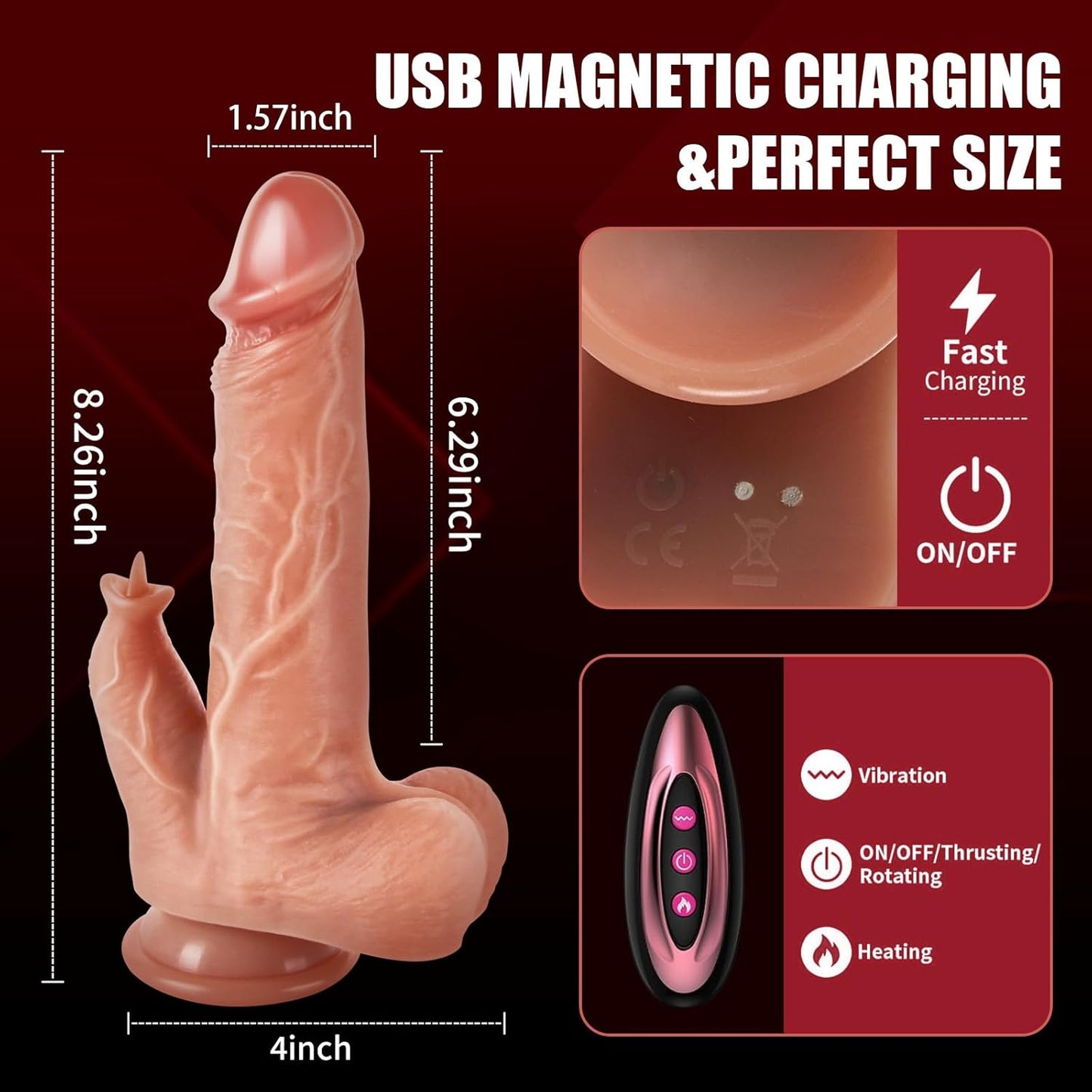 Consolador de empuje vibrador para lamer – Consoladores vibradores de 8.26 pulgadas con 9 vibraciones, 3 modos de empuje y calentamiento para estimulación anal del clítoris G del punto G, control