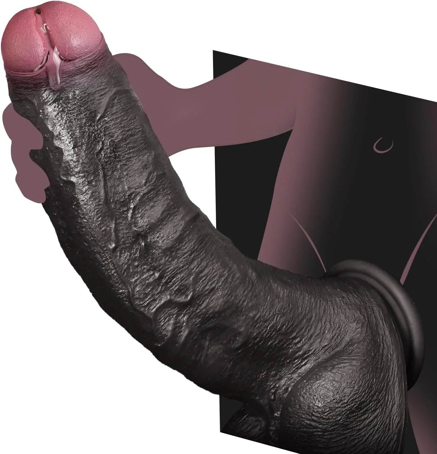 Consolador sexual negro puro enorme y grueso con glande único, consolador negro grande realista de 10.8 pulgadas con ventosa, juguetes de silicona suave para adultos para hombres y mujeres - Sex Shop 502