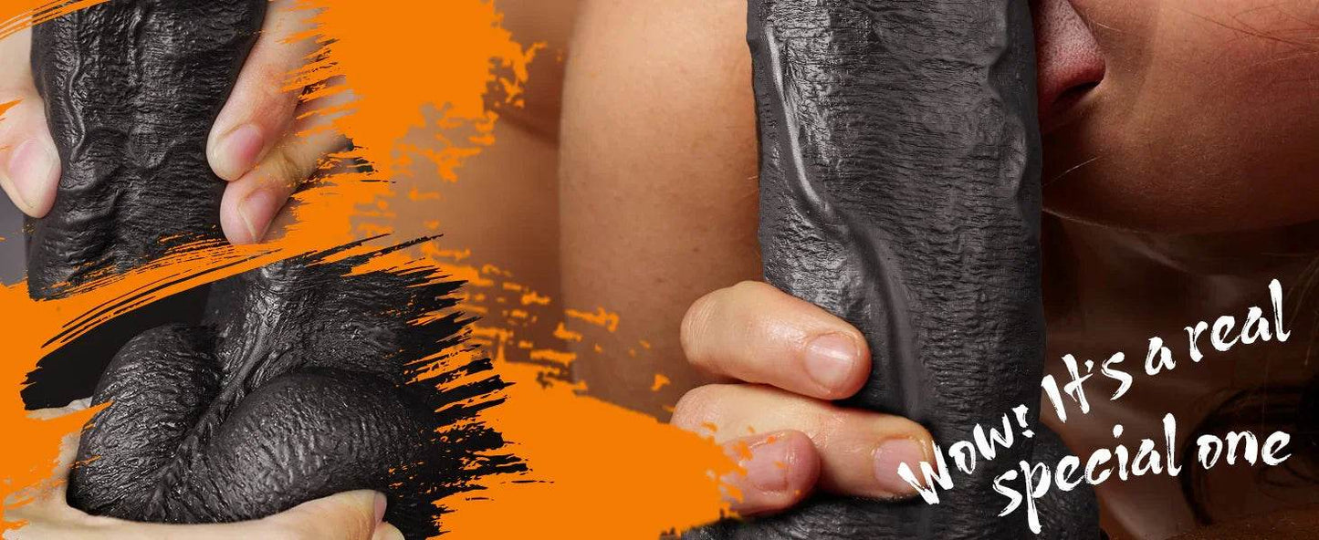 Consolador sexual negro puro enorme y grueso con glande único, consolador negro grande realista de 10.8 pulgadas con ventosa, juguetes de silicona suave para adultos para hombres y mujeres - Sex Shop 502