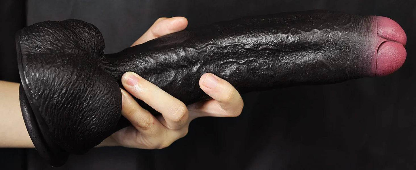 Consolador sexual negro puro enorme y grueso con glande único, consolador negro grande realista de 10.8 pulgadas con ventosa, juguetes de silicona suave para adultos para hombres y mujeres - Sex Shop 502