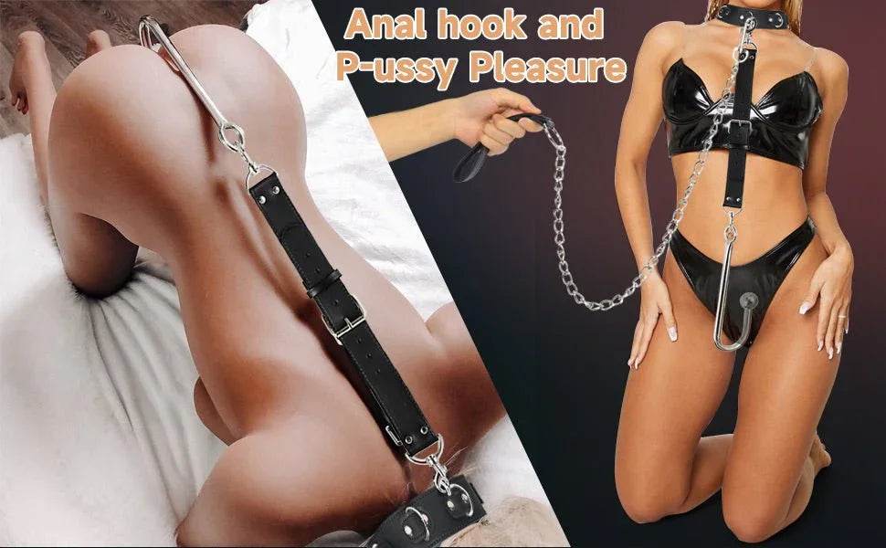 Arnés de gancho Anal BDSM para adultos, collar de Bondage, esposas, Kit de Bondage esclavo, juegos sexuales, cuero ajustable, tapón Anal de Metal, coqueteo - Sex Shop 502