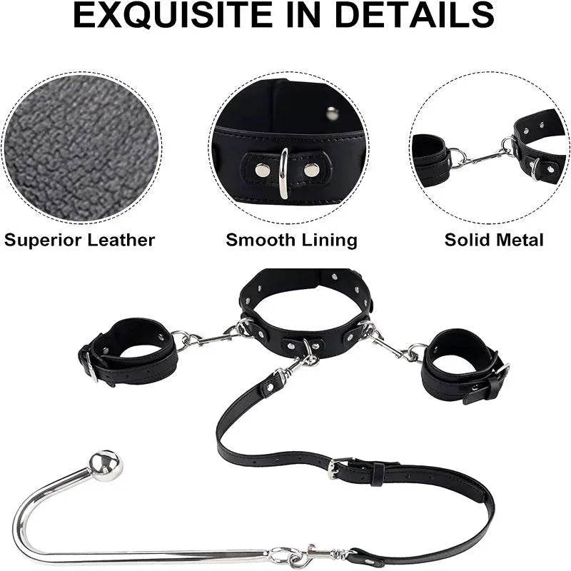 Arnés de gancho Anal BDSM para adultos, collar de Bondage, esposas, Kit de Bondage esclavo, juegos sexuales, cuero ajustable, tapón Anal de Metal, coqueteo - Sex Shop 502