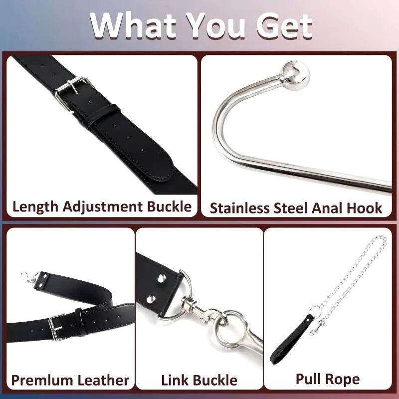 Arnés de gancho Anal BDSM para adultos, collar de Bondage, esposas, Kit de Bondage esclavo, juegos sexuales, cuero ajustable, tapón Anal de Metal, coqueteo - Sex Shop 502