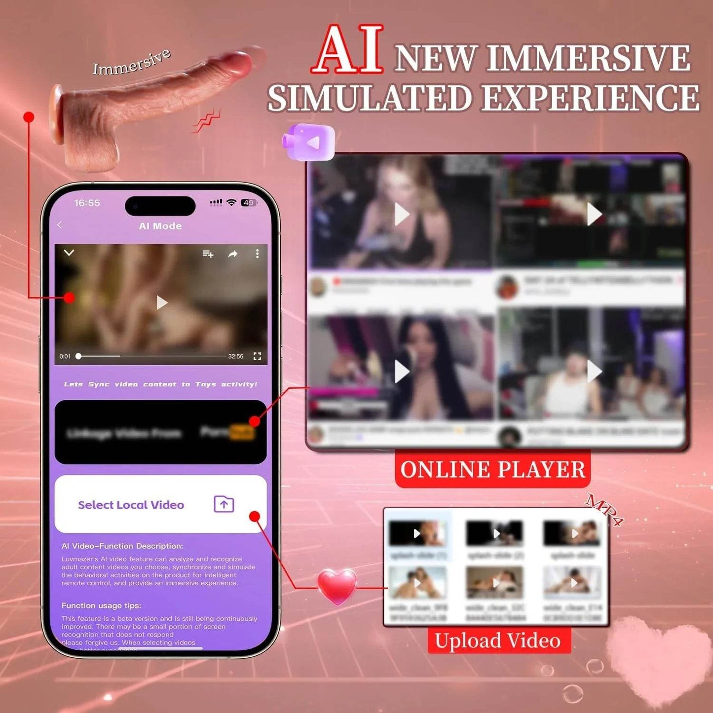 Consolador de empuje juguetes sexuales para mujeres, consoladores realistas 6 en 1 con ventosa, 9 vibraciones y 3 columpios de empuje, modos de calefacción, control app - Sex Shop 502