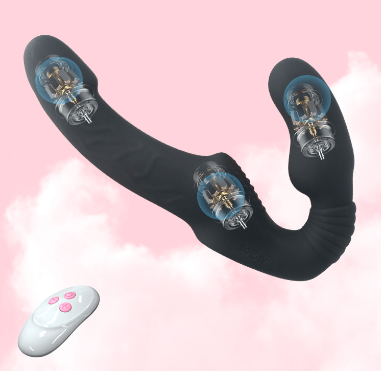 Consoladores de doble punta con 10 modos de vibración, vibrador sin tirantes con control remoto, impermeable, recargable, juguetes sexuales para adultos, con acanalado antideslizante para mujeres, parejas lesbianas, - Sex Shop 502