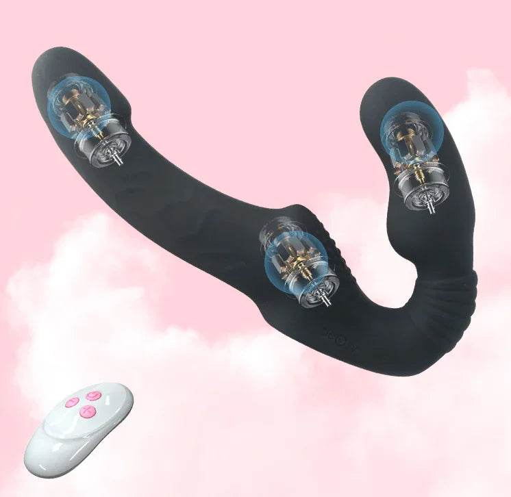 Consoladores de doble punta con 10 modos de vibración, vibrador sin tirantes con control remoto, impermeable, recargable, juguetes sexuales para adultos, con acanalado antideslizante para mujeres, parejas lesbianas, - Sex Shop 502