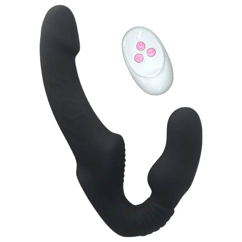 Consoladores de doble punta con 10 modos de vibración, vibrador sin tirantes con control remoto, impermeable, recargable, juguetes sexuales para adultos, con acanalado antideslizante para mujeres, parejas lesbianas, - Sex Shop 502