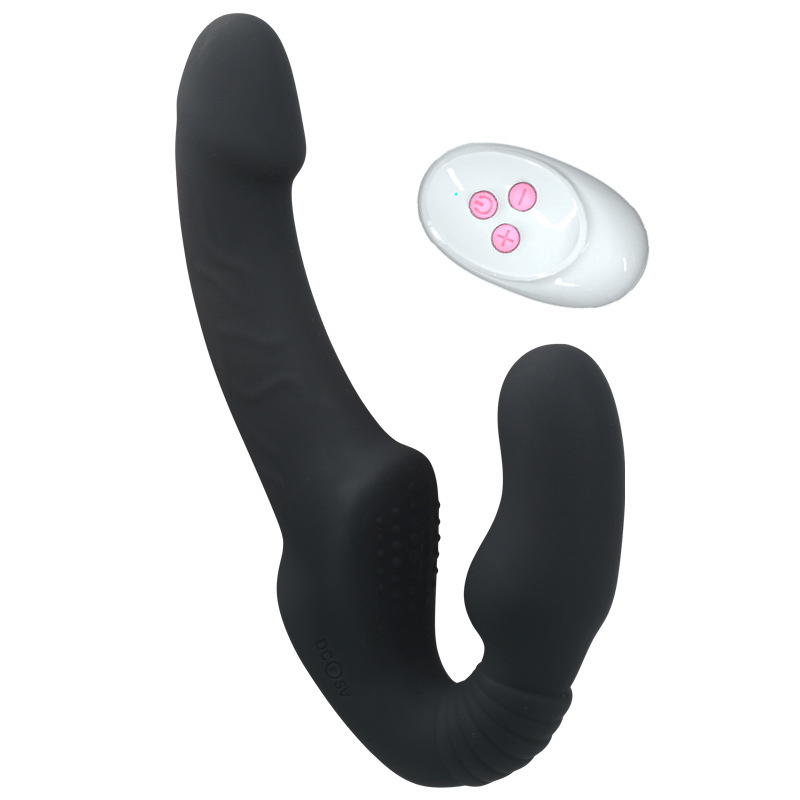 Consoladores de doble punta con 10 modos de vibración, vibrador sin tirantes con control remoto, impermeable, recargable, juguetes sexuales para adultos, con acanalado antideslizante para mujeres, parejas lesbianas, - Sex Shop 502