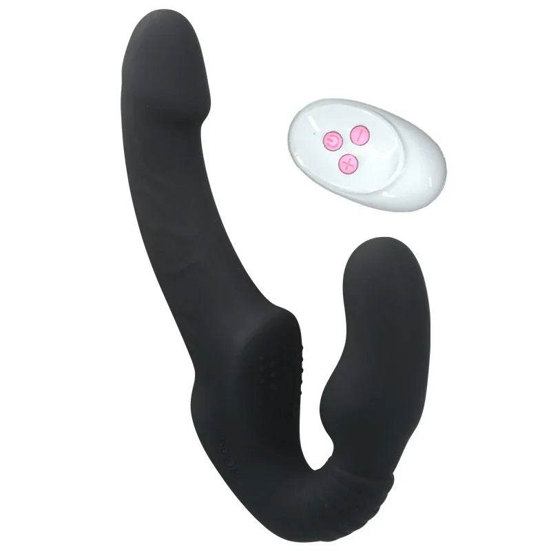 Consoladores de doble punta con 10 modos de vibración, vibrador sin tirantes con control remoto, impermeable, recargable, juguetes sexuales para adultos, con acanalado antideslizante para mujeres, parejas lesbianas, - Sex Shop 502