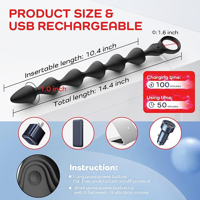 Cuentas anales vibratorias de silicona líquida ultrasuave de 14.4 pulgadas, recargable largo y flexible, tapón vibratorio para próstata con 10 modos de vibración, juguete anal, juguetes - Sex Shop 502