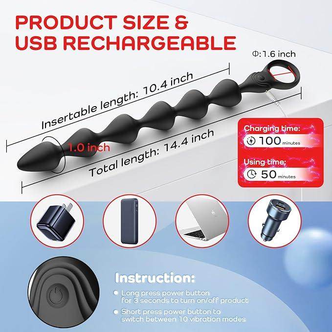 Cuentas anales vibratorias de silicona líquida ultrasuave de 14.4 pulgadas, recargable largo y flexible, tapón vibratorio para próstata con 10 modos de vibración, juguete anal, juguetes - Sex Shop 502