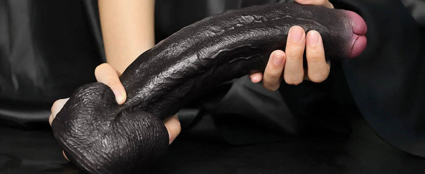 Consolador sexual negro puro enorme y grueso con glande único, consolador negro grande realista de 10.8 pulgadas con ventosa, juguetes de silicona suave para adultos para hombres y mujeres - Sex Shop 502