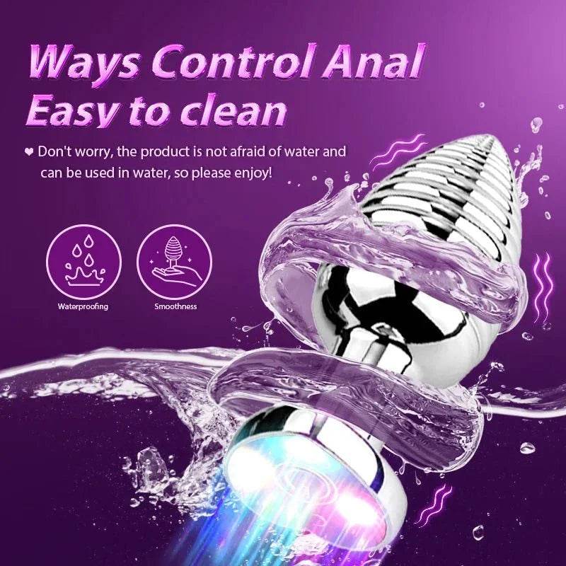 Plug de Metal con Control remoto inalámbrico , masturbación Anal, Color deslumbrante, vibración luminosa, forma de espiral, Juguetes sexuales para adultos - Sex Shop 502