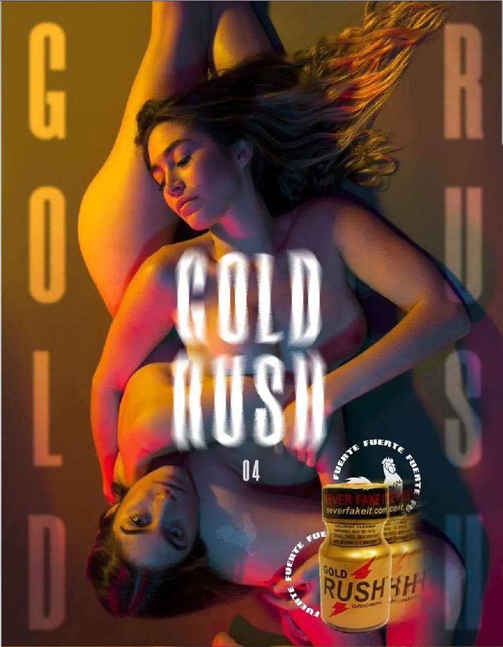 Botella de popper Gold Rush de 10 ml de Sex Shop 502, con envase dorado y etiqueta, sobre fondo neutro.
