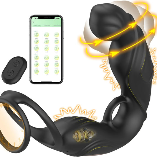 Vibrador anal giratorio de 360° para hombres, masajeador de próstata, juguete de próstata masculino vibrante con doble anillo de silicona
