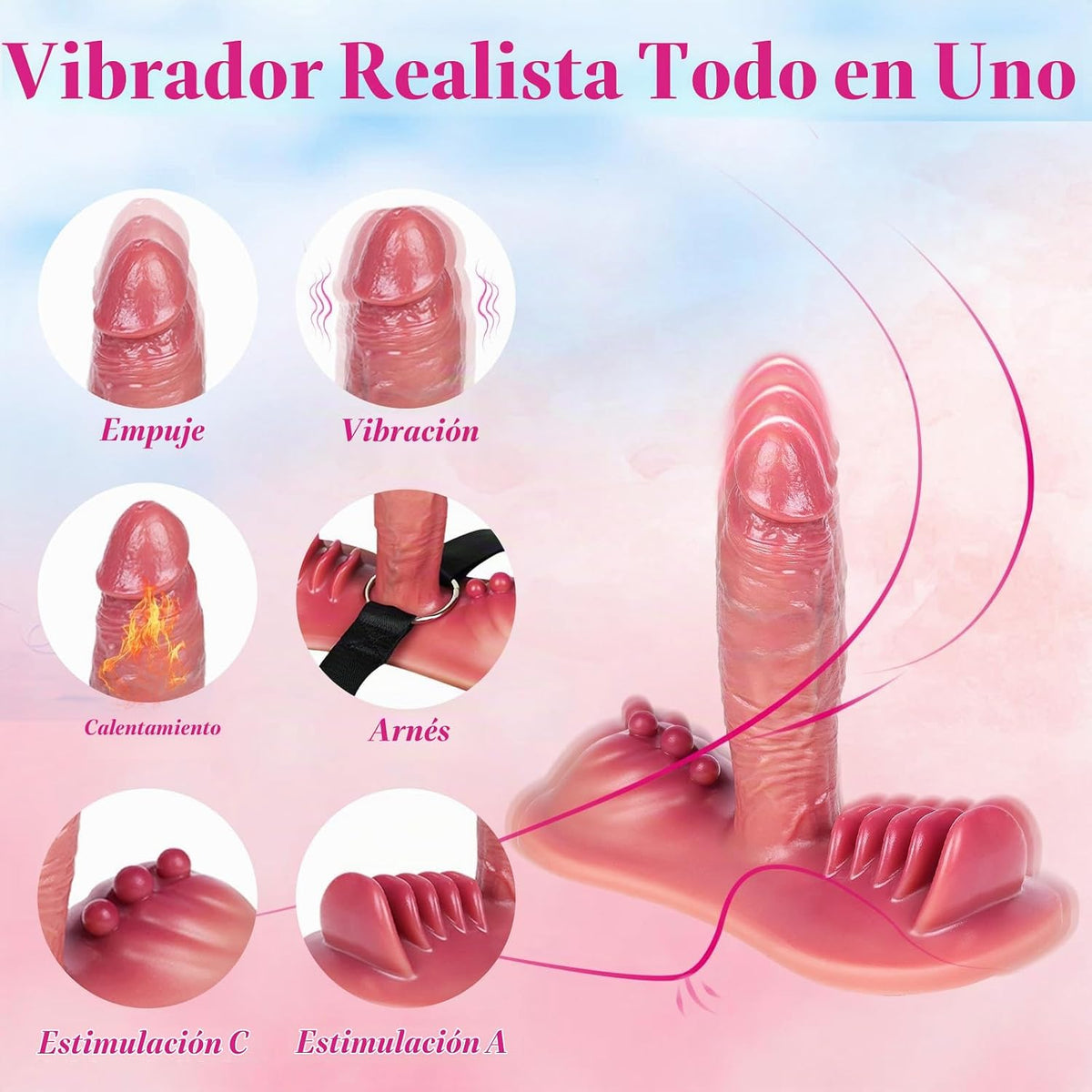 Consolador de Empuje y Vibración 6 en 1 REYHKINO – Control Remoto + App, Calentamiento, Ventosa y Correas para Sentarse y Montar