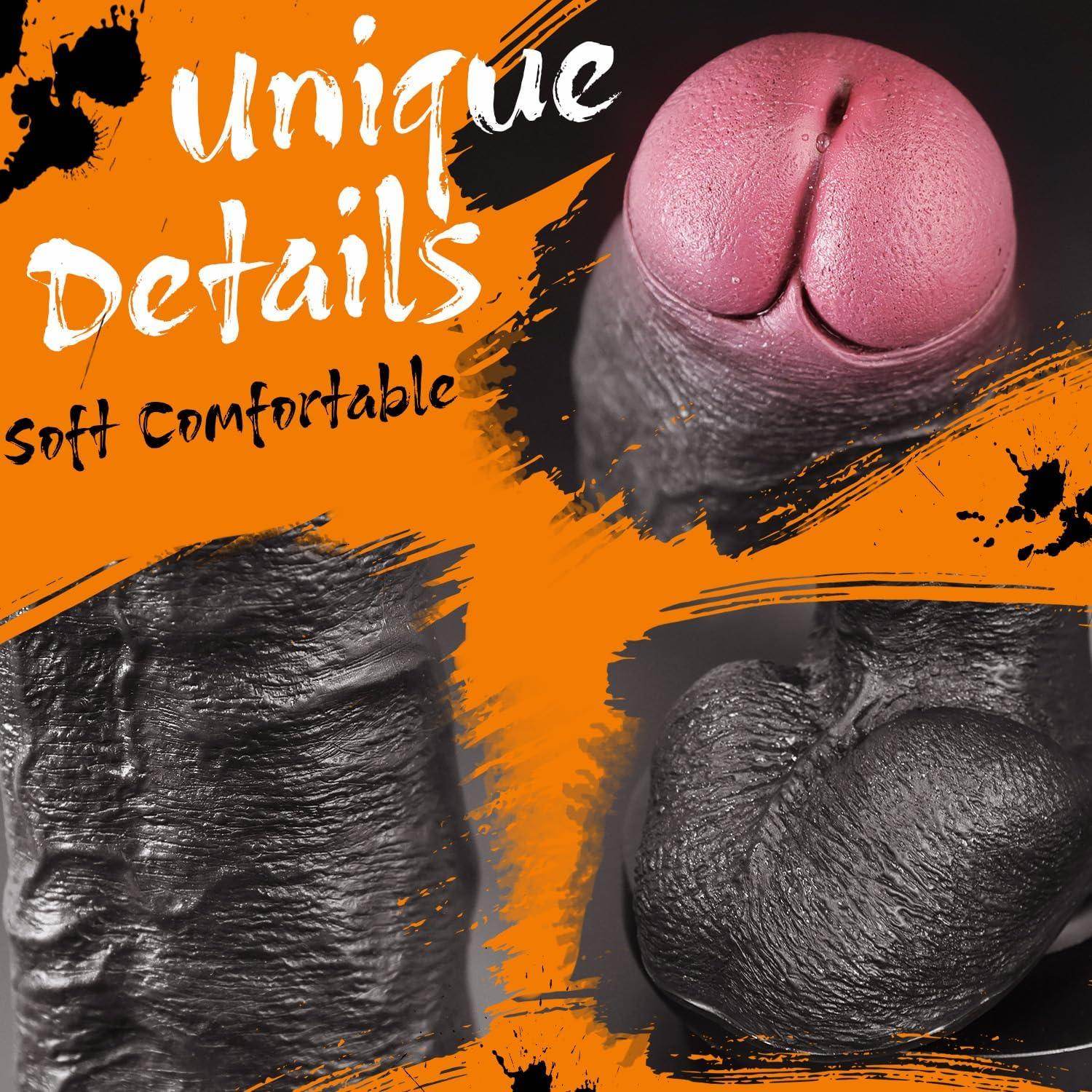 Consolador sexual negro puro enorme y grueso con glande único, consolador negro grande realista de 10.8 pulgadas con ventosa, juguetes de silicona suave para adultos para hombres y mujeres - Sex Shop 502
