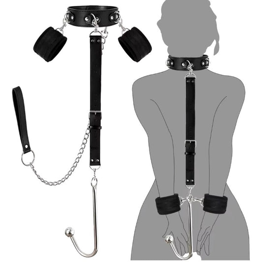 Arnés de gancho Anal BDSM para adultos, collar de Bondage, esposas, Kit de Bondage esclavo, juegos sexuales, cuero ajustable, tapón Anal de Metal, coqueteo - Sex Shop 502