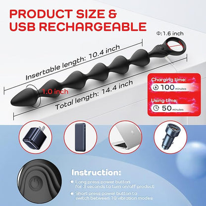 Cuentas anales vibratorias de silicona líquida ultrasuave de 14.4 pulgadas, recargable largo y flexible, tapón vibratorio para próstata con 10 modos de vibración, juguete anal, juguetes - Sex Shop 502